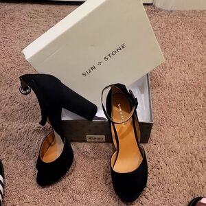 Sun + Stone Black Ankle Strap Heels. Peep Toe
